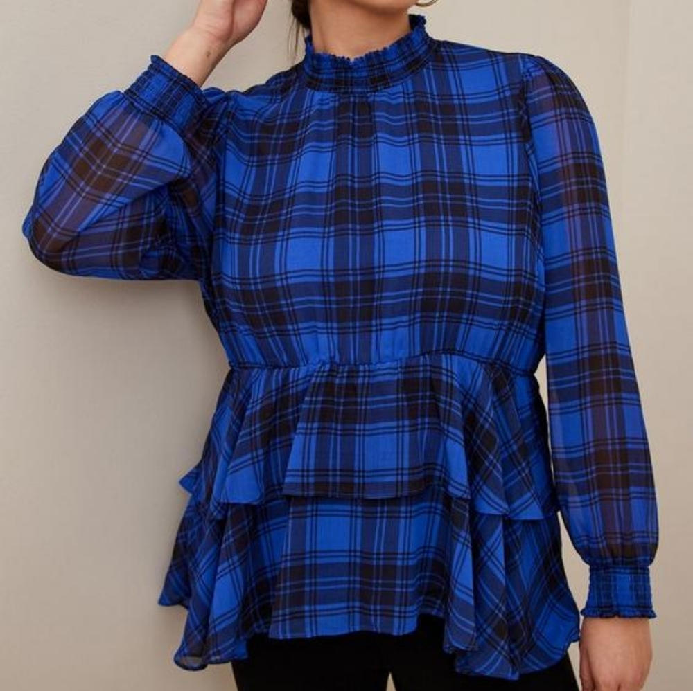 Torrid‎ Blue Plaid Crinkle Chiffon Smock Neck Ruffle Tiered Long Sleeve T…